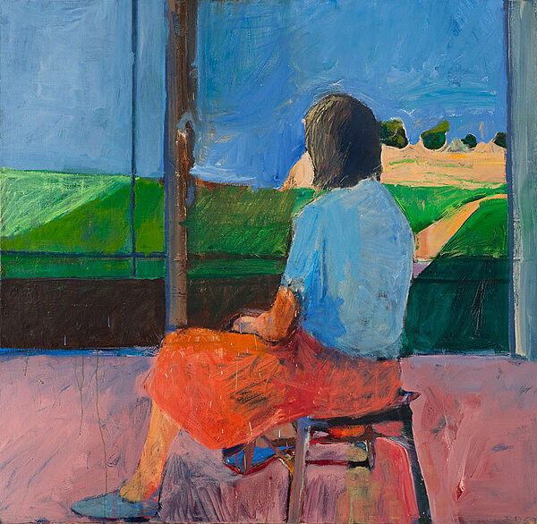 A painting of a girl looking out onto a landscape.