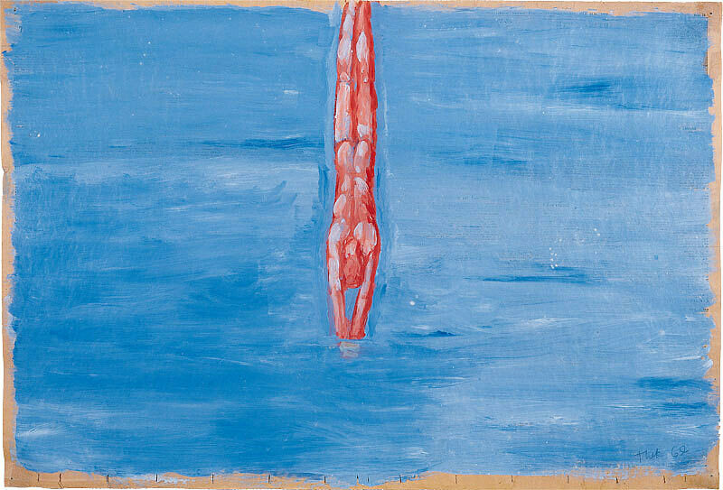 A painting of a nude figure diving into water.