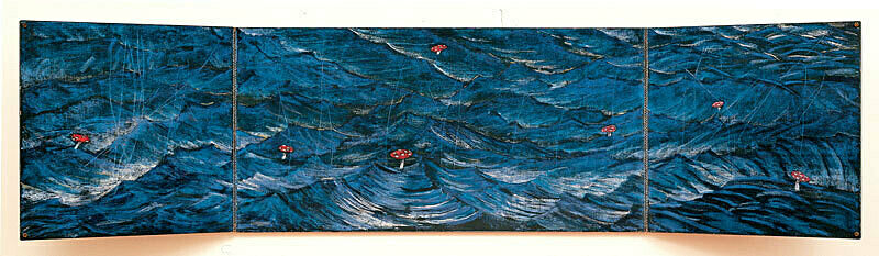 A painting of the open sea with some red-capped mushrooms poking out of the waves.