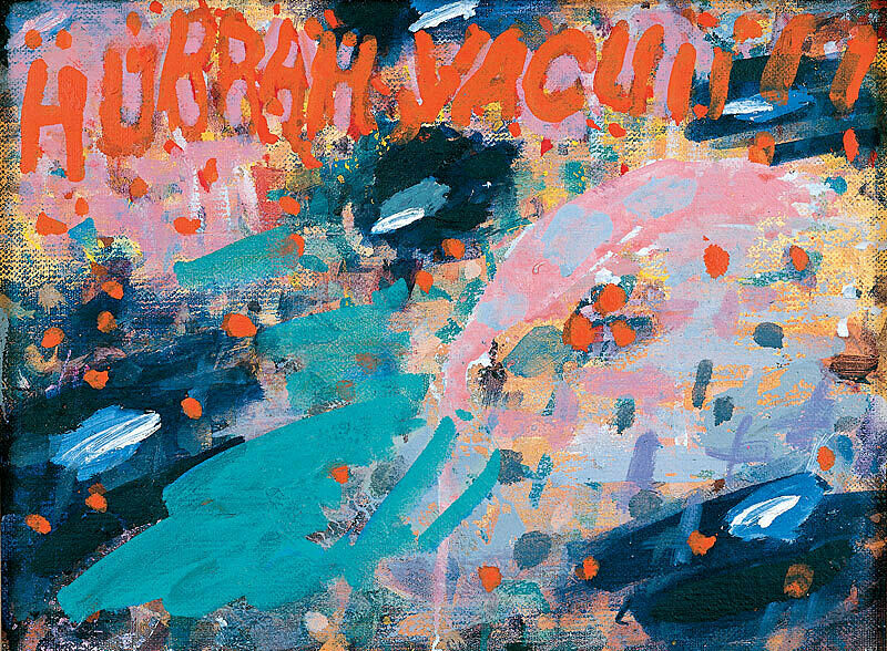 A colorful painting of lines and dots with text that reads "Hurrah Vacuii!!"