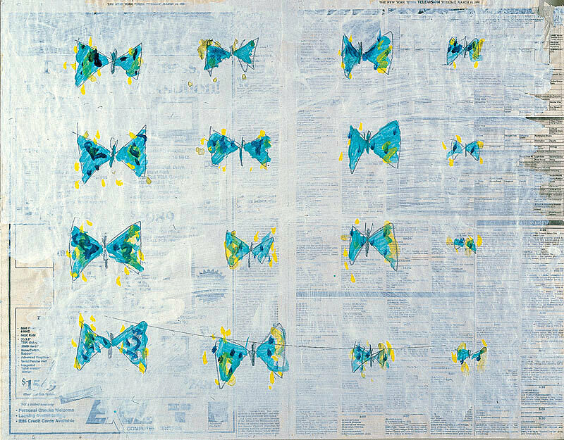 A painting over a newspaper of sixteen blue butterflies.