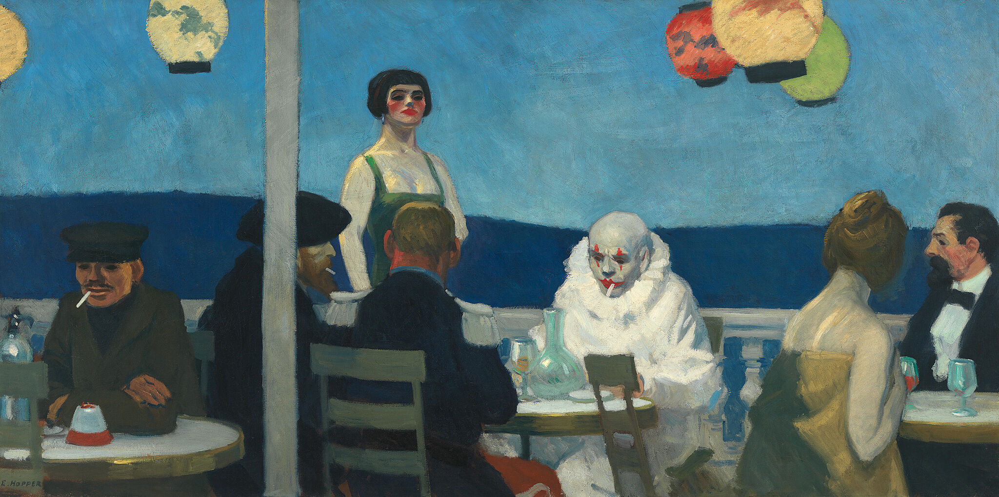 A painting of people sitting at cafe with a mostly blue color palette. 