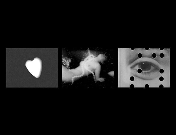 Three images on top of a perfectly black background, the left a heart, the middle a nude woman, and the right an image of an eye with holes punched out.