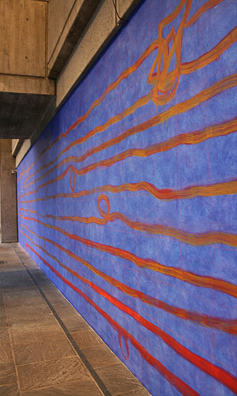 Blue painting on wall with orange horizontal lines.