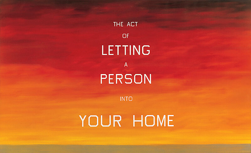 A painting of an orange and red background with the text "The act of letting a person into your home" painted in white.