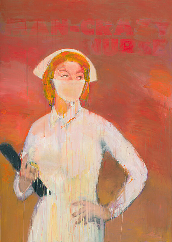 A painting of a nurse with the text "Man-crazy nurse" against a read background.