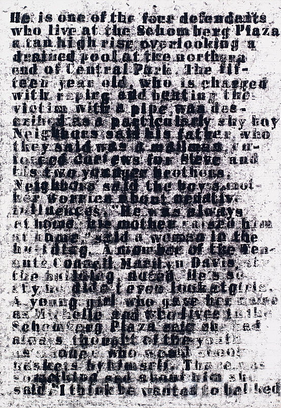 A stencil painting of black texted against a white background with the imprint of a person's face in profile.