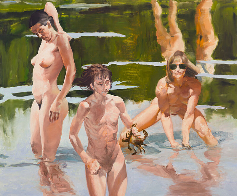 A painting of three nude people bathing in a river.