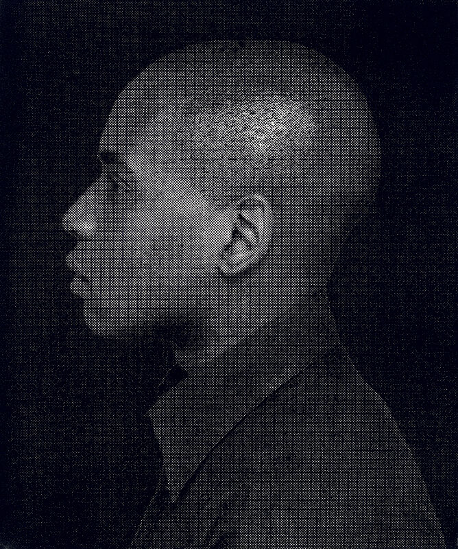 A silkscreen self-portrait of Glenn Ligon's head in profile.