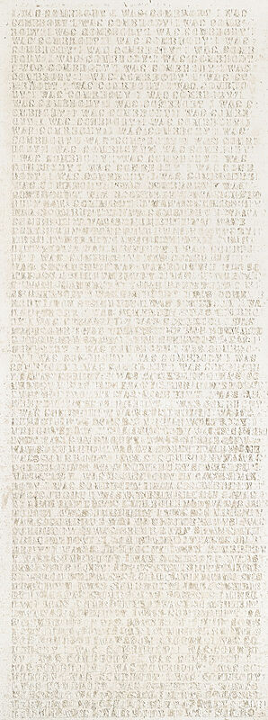 A stencil painting of the text "I Was Somebody" faintly repeated over and over on the canvas.