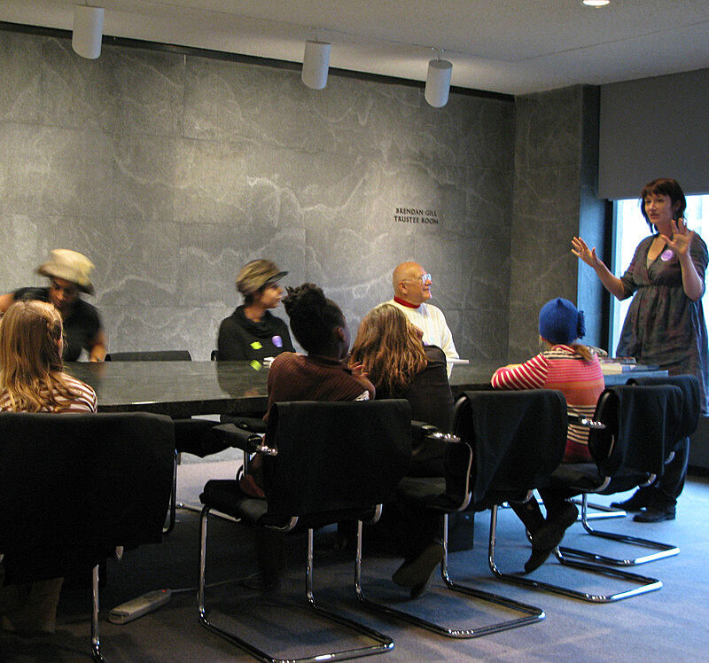The artist talking to the workshop