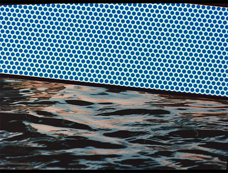 A print by Roy Lichtenstein. Ben Day dots are above a surface that resembles water.