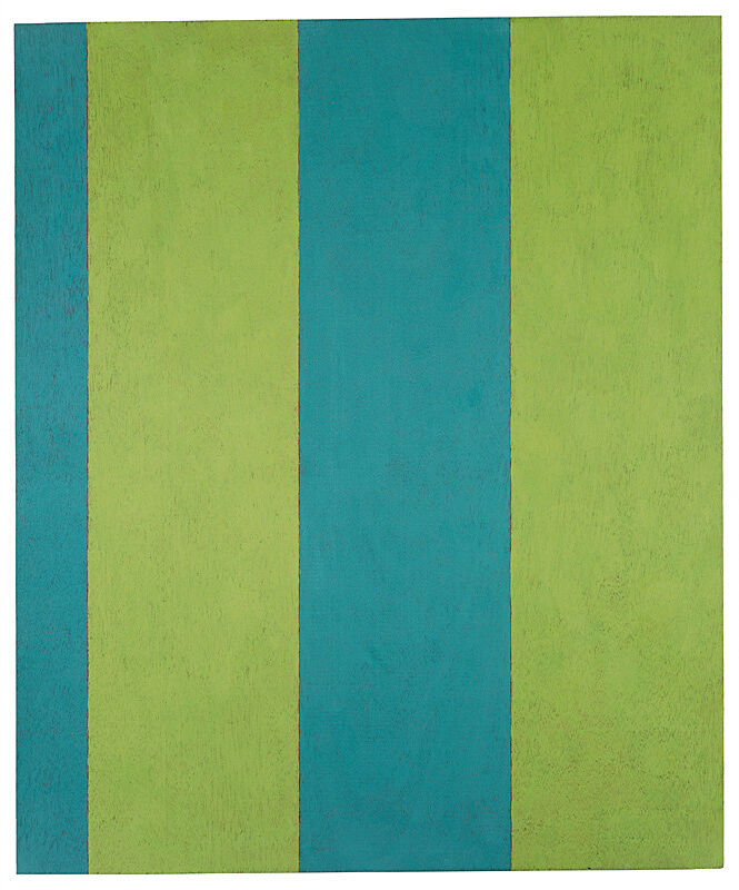 Blue and green stripes painted on wood.