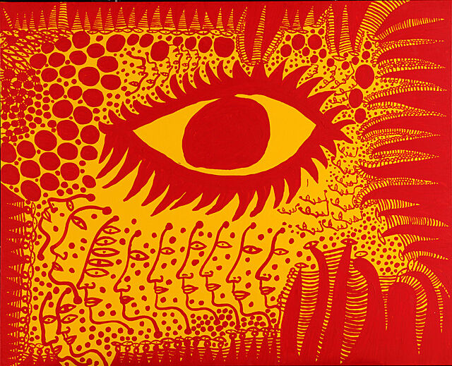 A painting of a large eye, faces, and patterns.
