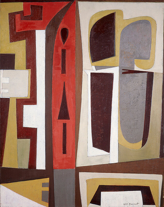 An abstract painting with various shapes.