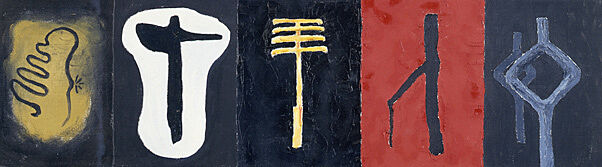 A five-part painting of various shapes.