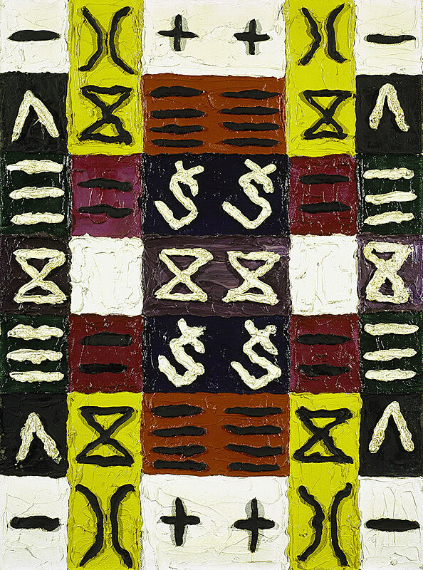 A painting of squares with various symbols inside.