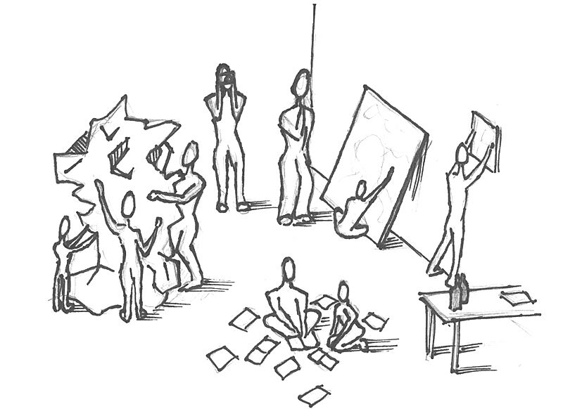A black and white artwork depicting people working on sketches.