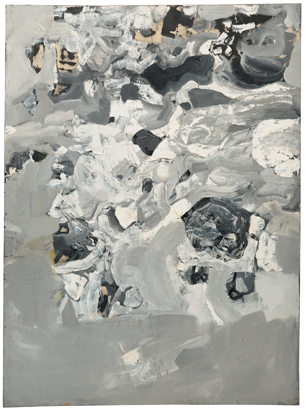 A painting of grey and white brush strokes.