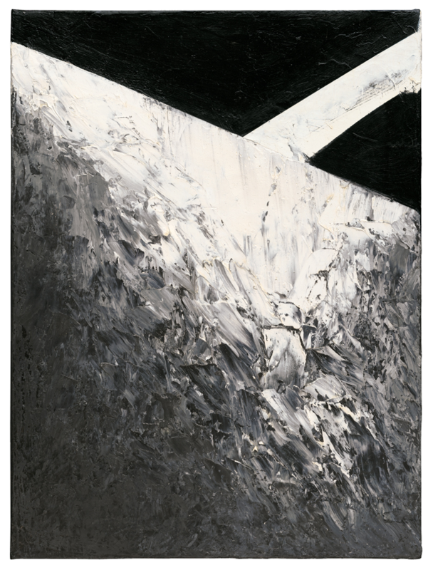 A painting of white brush strokes against a black background.