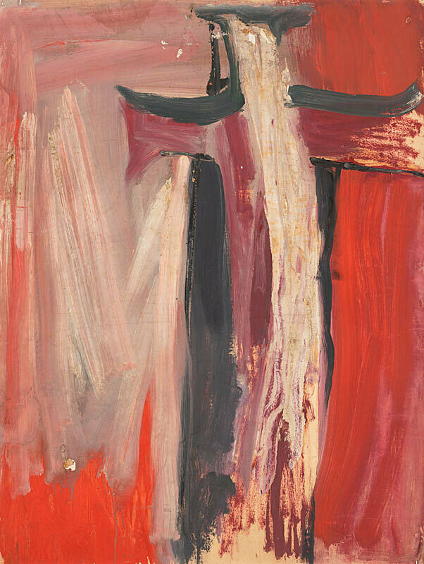 A painting of large red brush strokes.