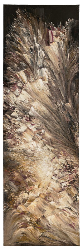 A painting with large brown brush strokes.