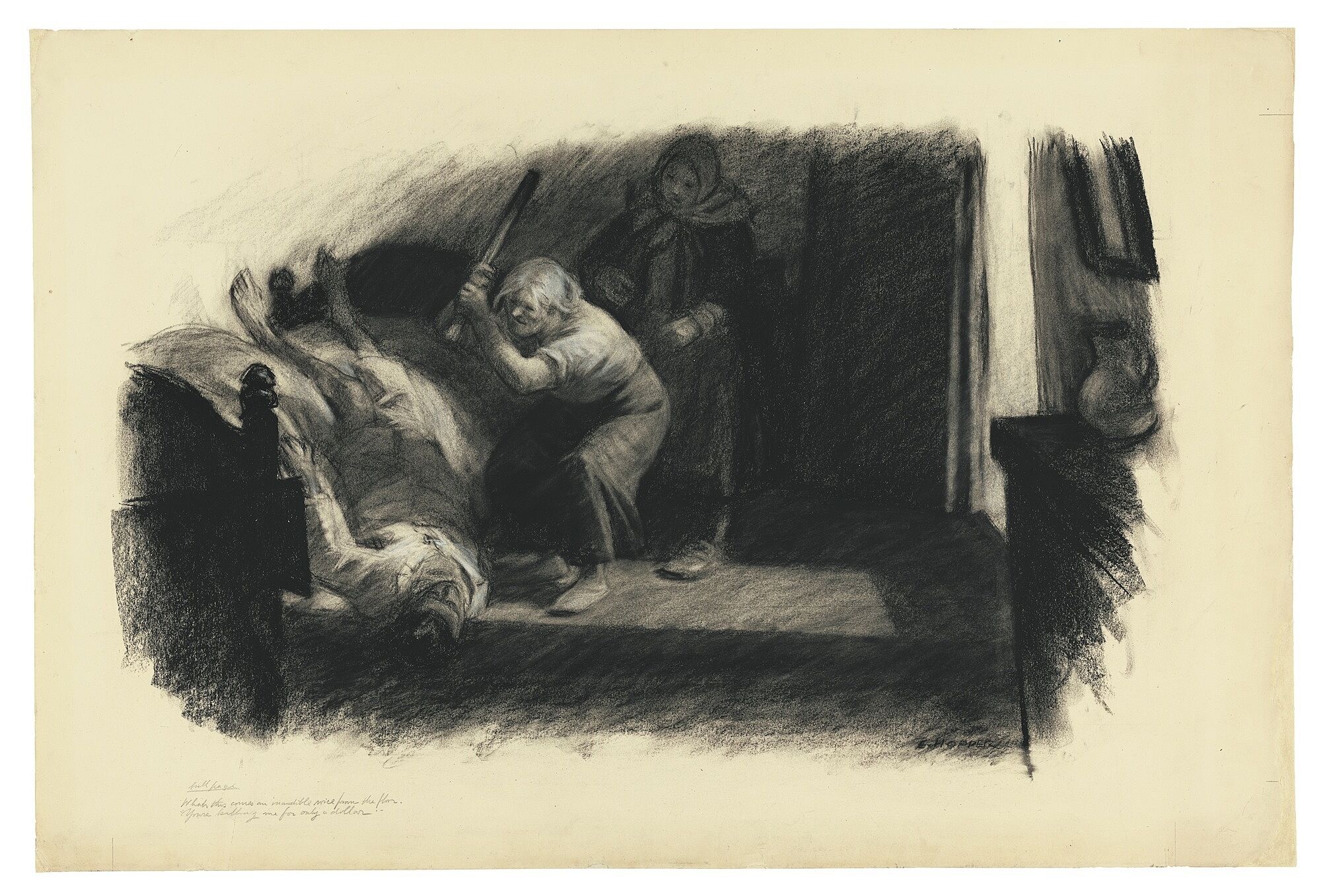 A drawing of a person beating someone to death.
