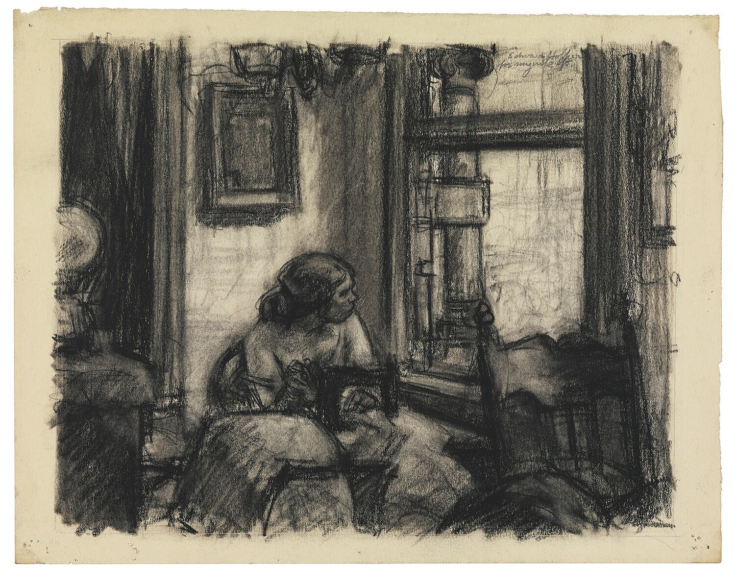 A drawing of a person looking out of a window.
