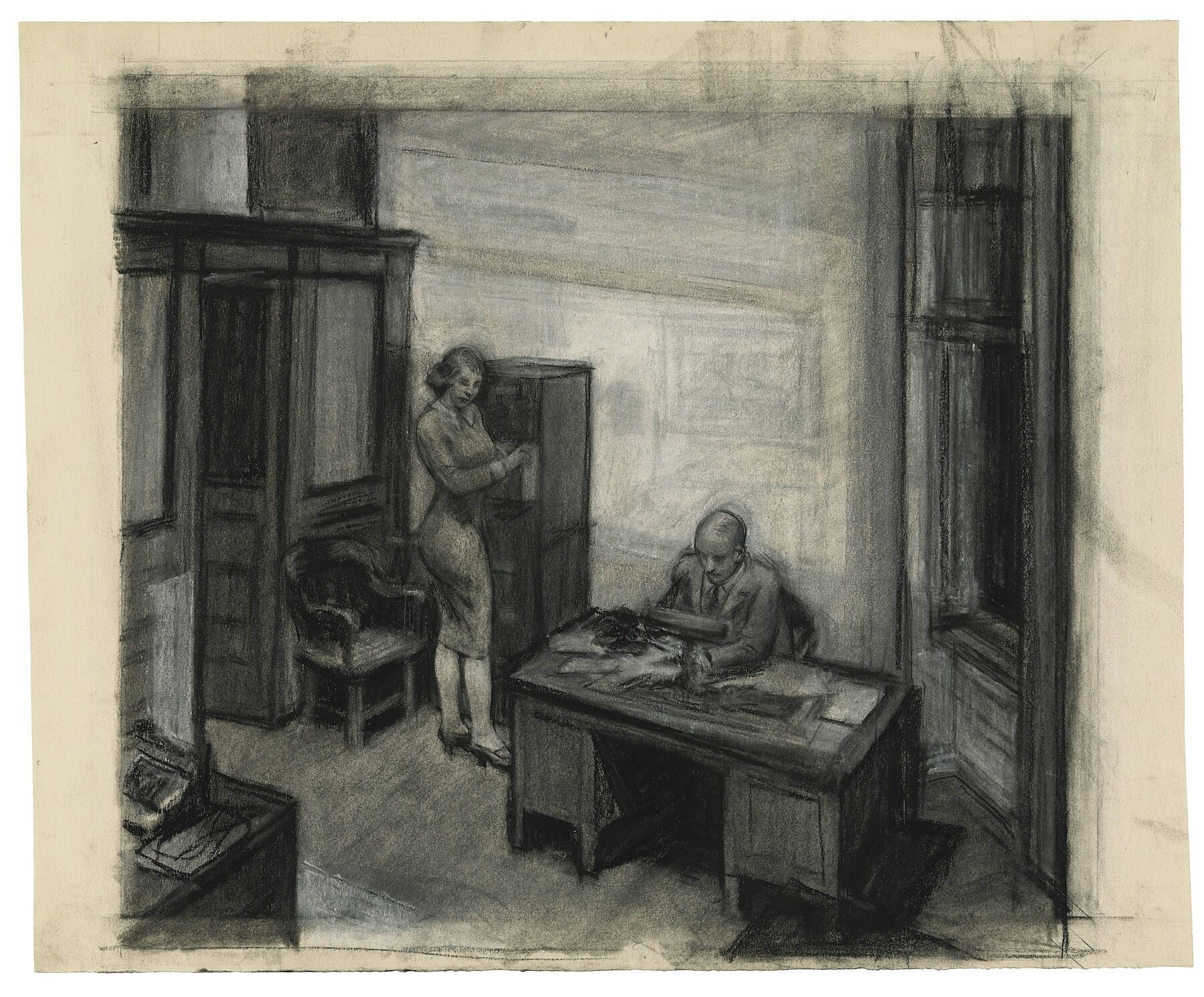 A drawing of a woman and man in an office at night.