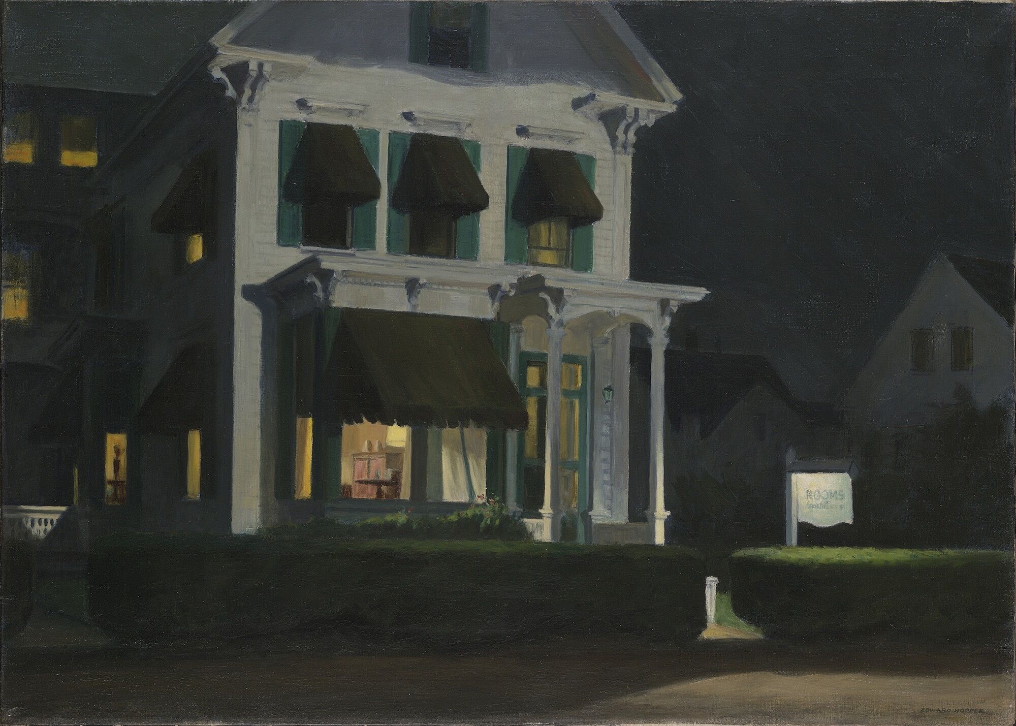 A painting of a house at night with the lights on inside.