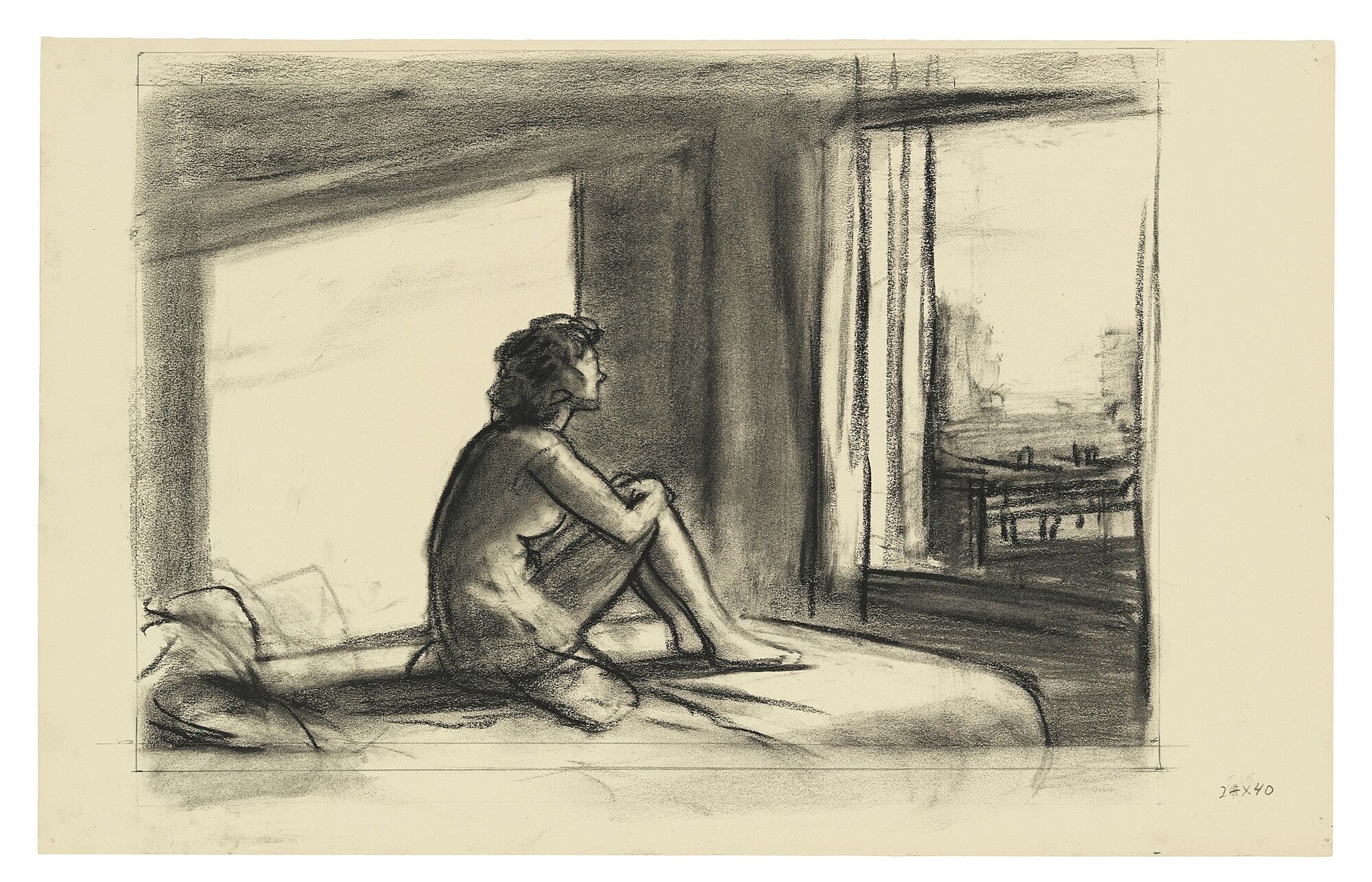 A sketch of a woman sitting on a bed looking out a window.