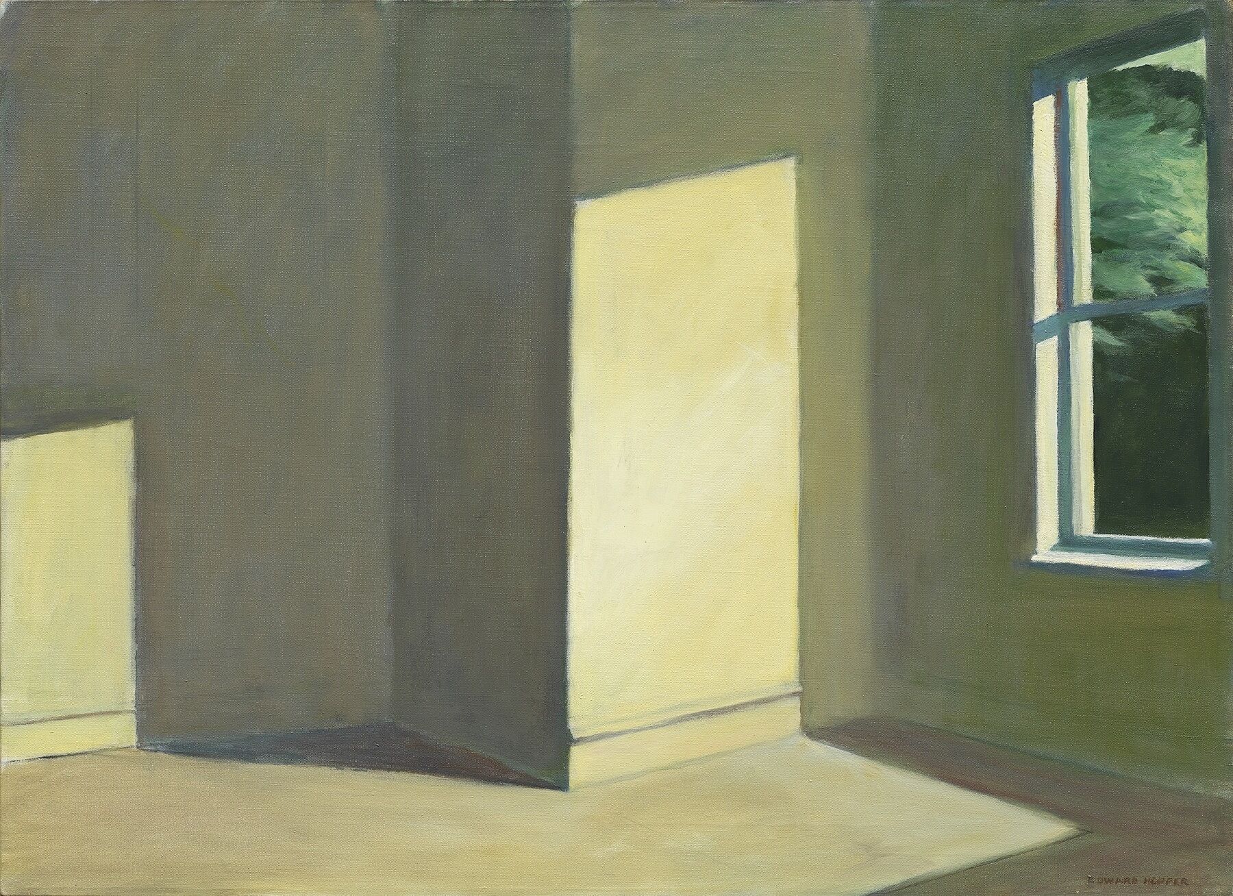 A painting of sunlight hitting the walls from the window in an empty room.