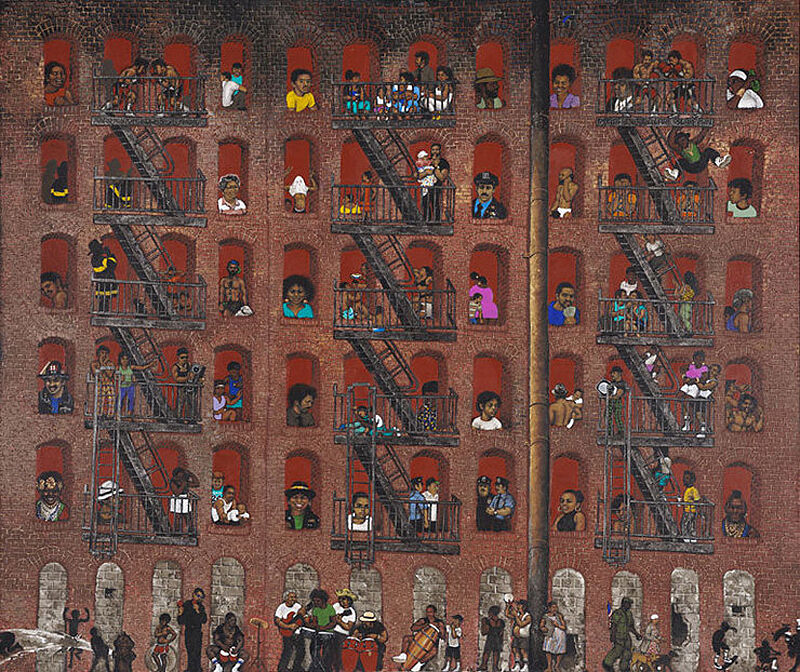 A painting of a brick building with  a view of many different people living in each window