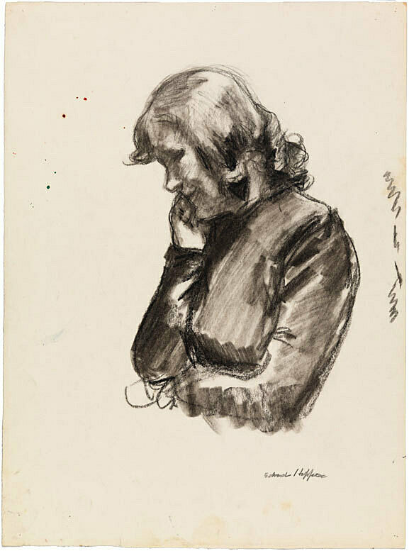 A drawing of a woman looking down.