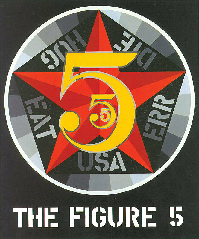 Number 5s of decreasing size in yellow, on top of a red star in side a pentagram with the words eat, usa, err, die, hug stamped out of black, which is itself inside of a circle made up of gray stripes. Below this circle is the white text The Figure 5, with the whole thing on black.