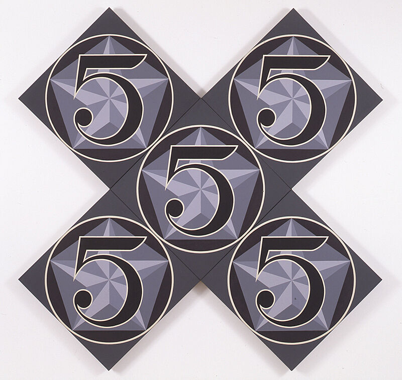 Five square panels are arranged in the shape of an X. On each panel is the number 5, with a star and pentagon directly behind, surrounded by a circle, with each painted in various shades of gray.