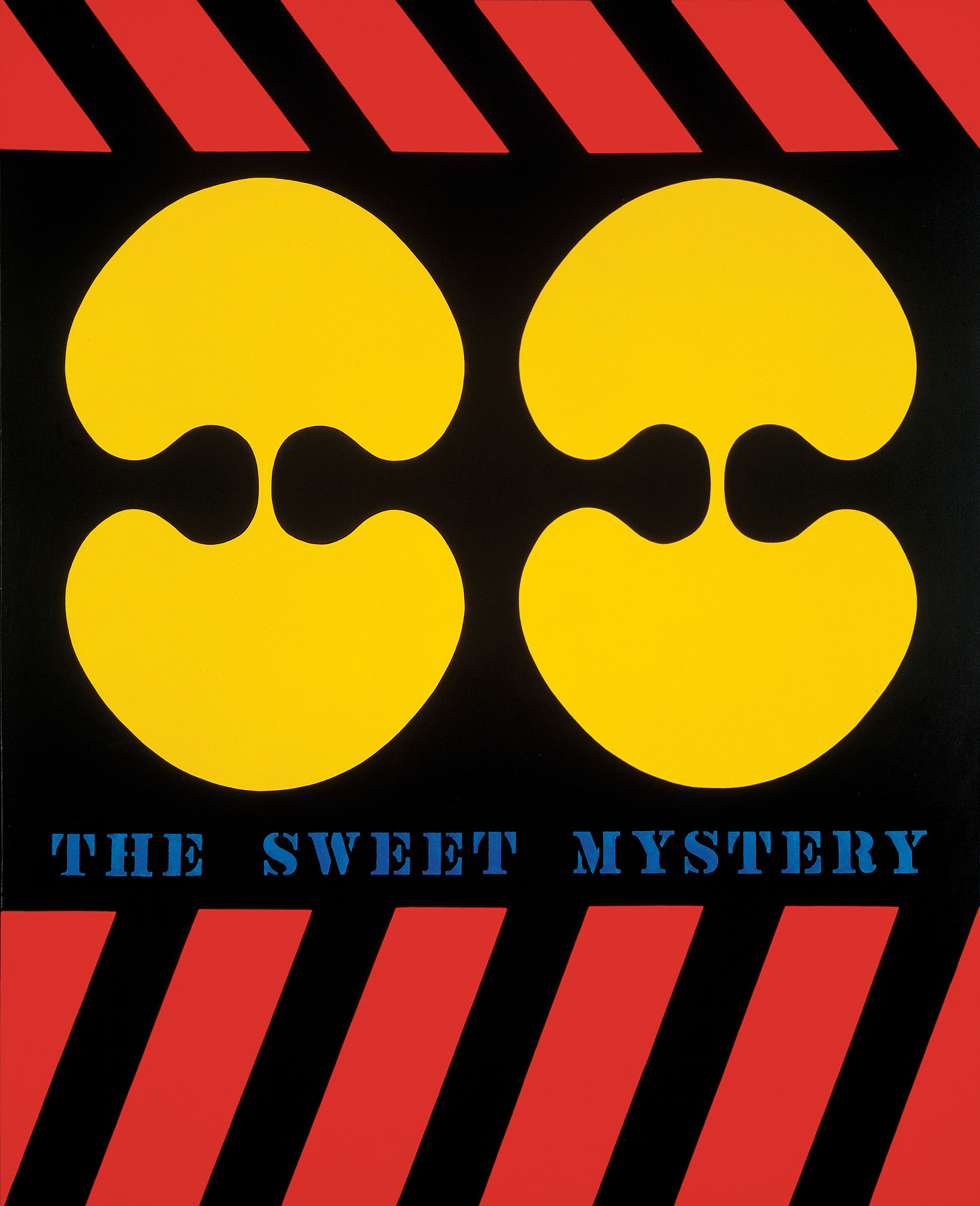 Red diagonal stripes on the top and bottom of the image sandwich two curved yellow blobs that sit side by side. Below the yellow blobs is the text The Sweet Mystery in blue. Behind is black.