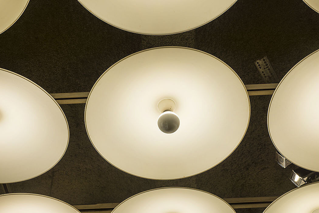 A photograph of an installation of lights on the ceiling.
