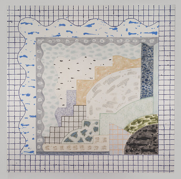 A painting of gridded and wavy lines.