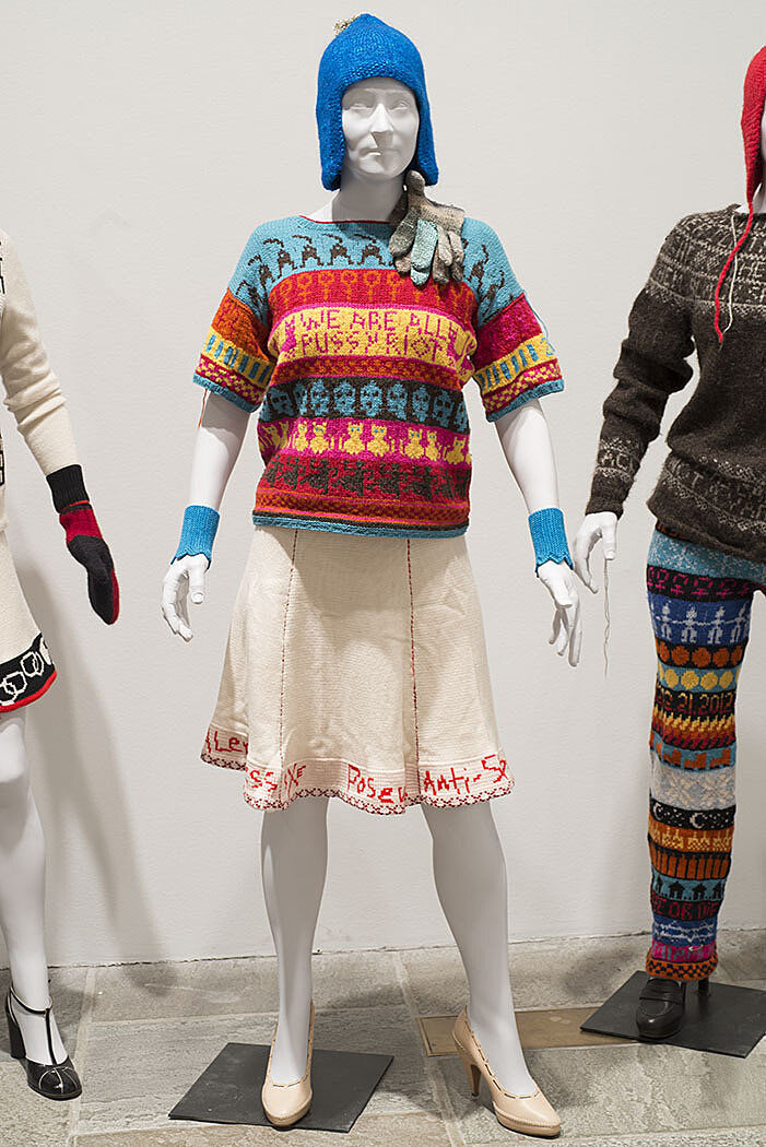 An installation view of fashion on a mannequin. 