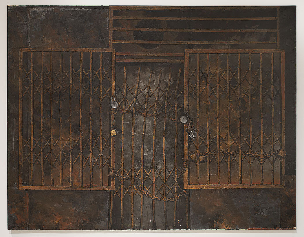 A painting of a locked storefront.