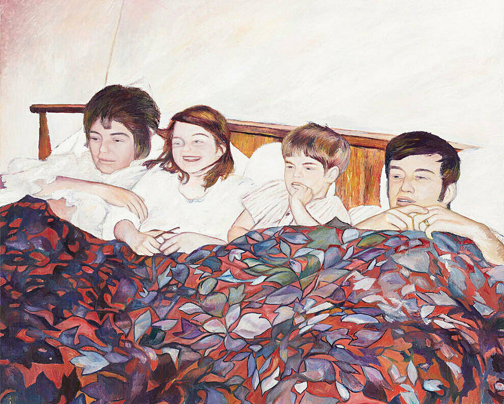 A drawing of 4 persons lying in one bed. 