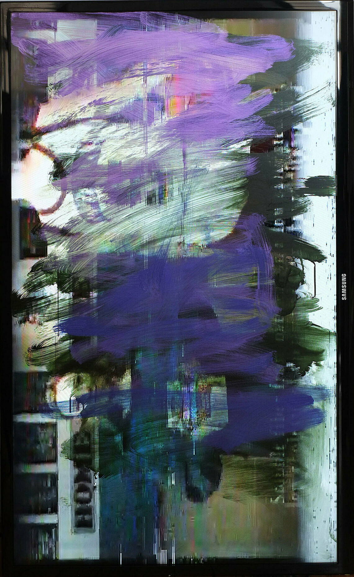 A painting with broad brushstrokes over a screen.