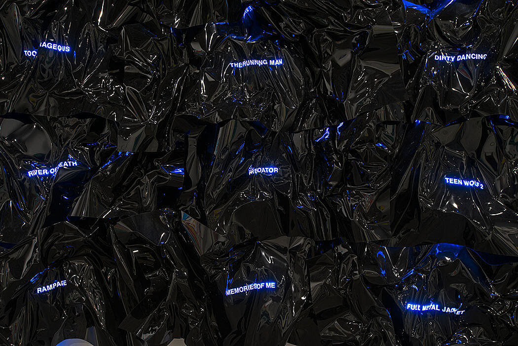 Blue neon text on black patent fabric. 
