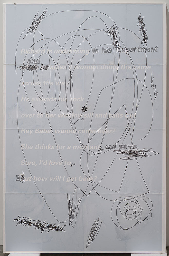 An artwork with the lettering "Richard is undressing in this apartment and spies a woman doing the same across the way. He extends his cock over to her windowsill and calls out Hey Babe, wanna come over? She thinks for a moment and says, Sure, I'd love to. But how will I get back?"