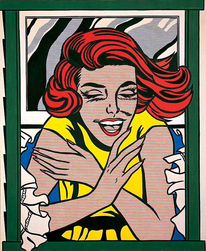 A Pop art painting of a woman smiling through a window.