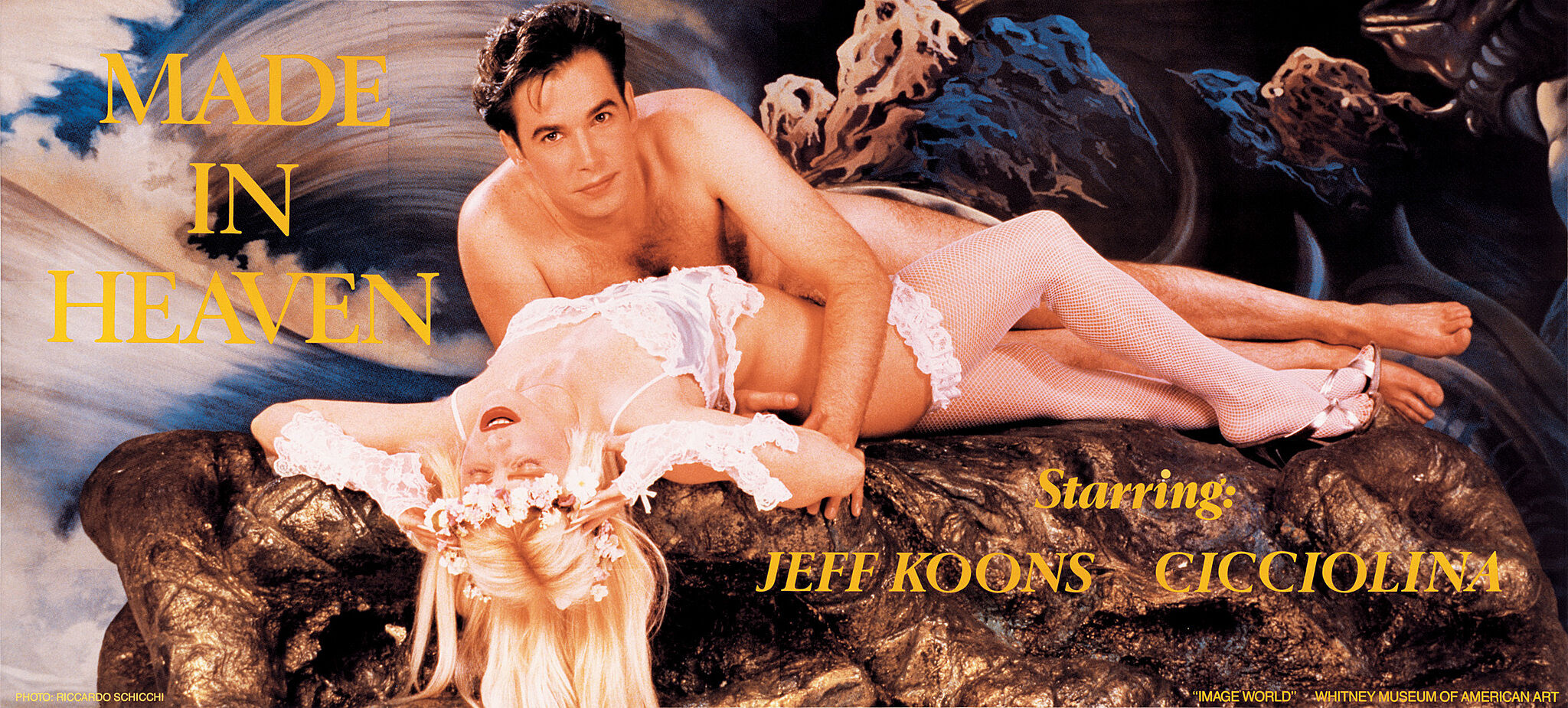 A lithograph of two figures laying over a rock with the words "Made in Heaven" and "Starring: Jeff Koons" and "Cicciolina"