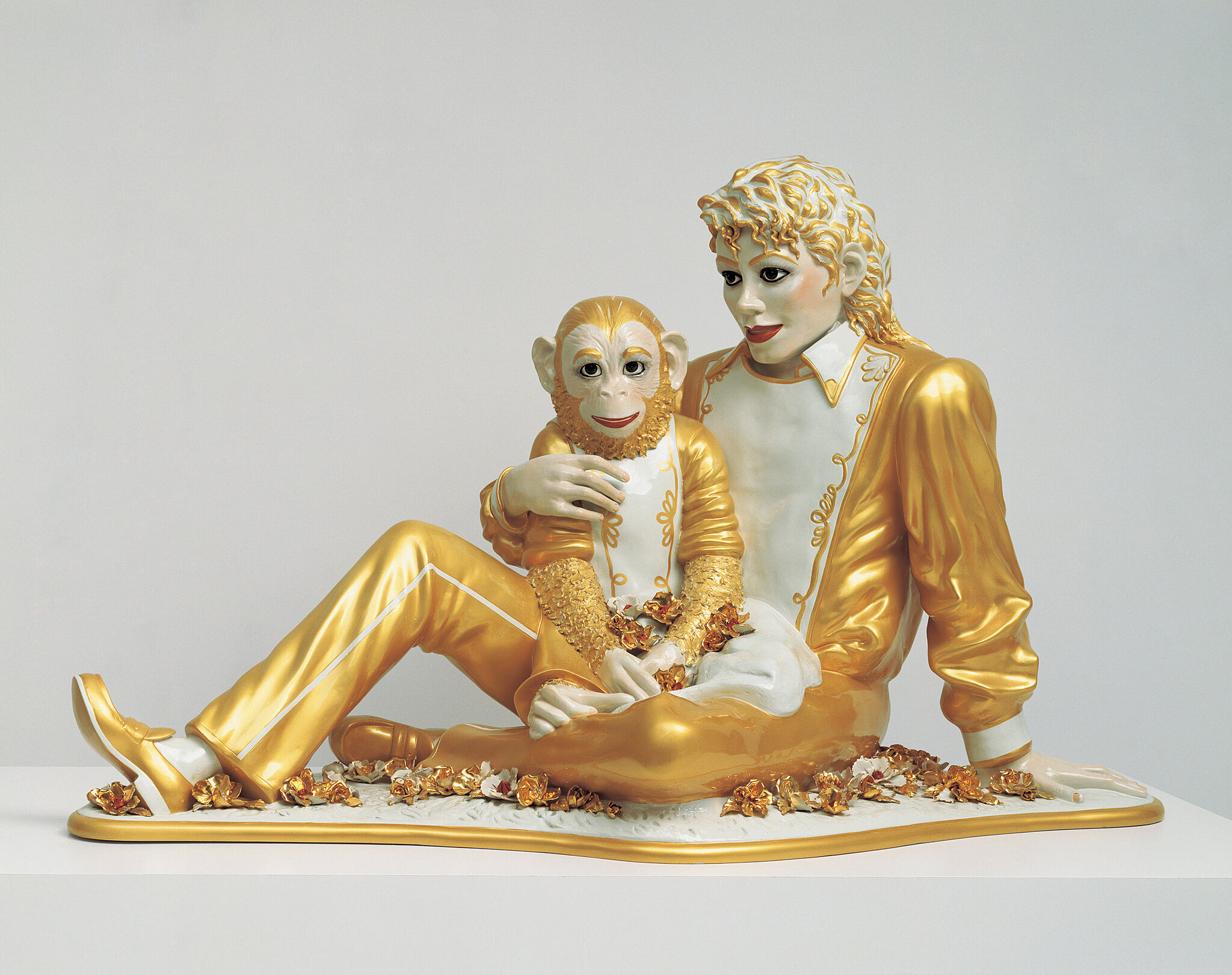 A sculpture of Michael Jackson and his pet chimpanzee Bubbles.