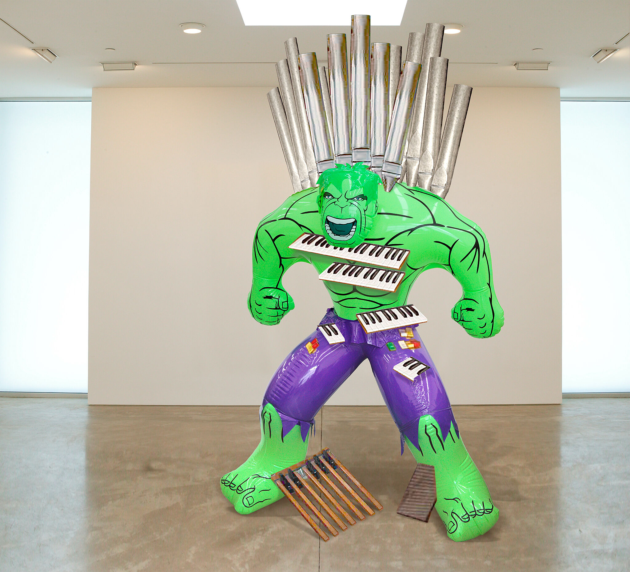 A sculpture of Hulk with organ pipes and keys.
