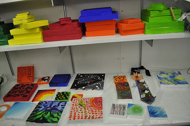 colorful canvases with student artwork